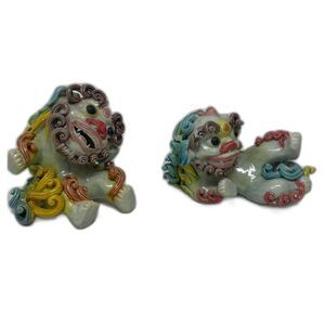 Vintage Guardian Foo Dog Chinese Asian Wu Cai Porcelain Koji Pottery PAIR Dragon